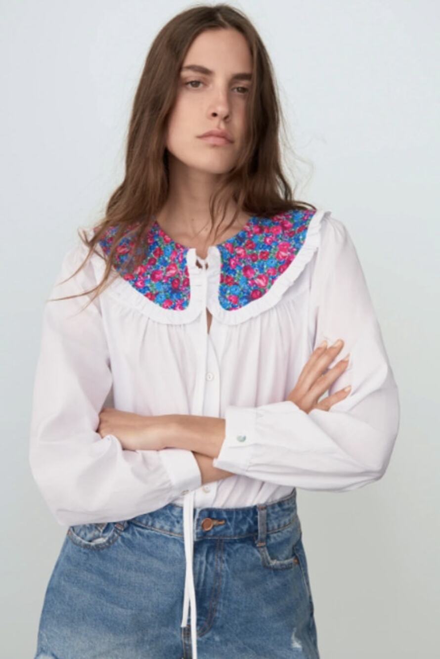 Zara White Multicolor Floral Lapel Collar Poplin Button Down Shirt Size S